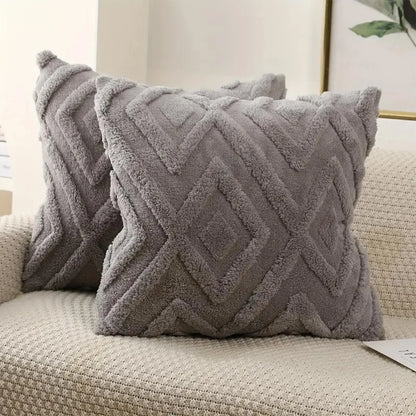 Rhombus Faux Wool Throw Pillow Covers Decro Soft Plush Fuzzy Short Fleece Square Patterned Cushion Cases Solid Beige Pillowcase