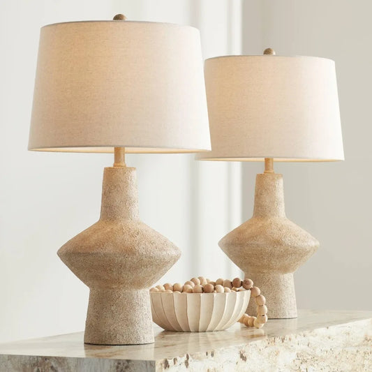 26 3/4" Tall Geometric Rustic Mid Century Modern Coastal Table Lamps Set of 2 Beige Living Room Bedroom Bedside