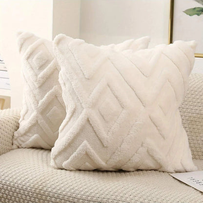 Rhombus Faux Wool Throw Pillow Covers Decro Soft Plush Fuzzy Short Fleece Square Patterned Cushion Cases Solid Beige Pillowcase