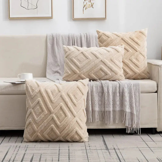 Rhombus Faux Wool Throw Pillow Covers Decro Soft Plush Fuzzy Short Fleece Square Patterned Cushion Cases Solid Beige Pillowcase