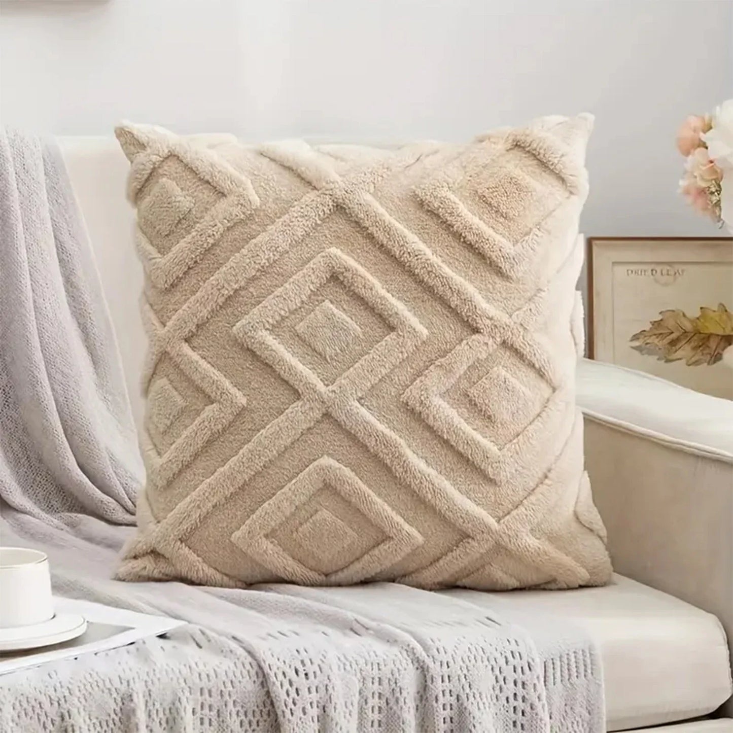 Rhombus Faux Wool Throw Pillow Covers Decro Soft Plush Fuzzy Short Fleece Square Patterned Cushion Cases Solid Beige Pillowcase