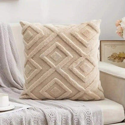 Rhombus Faux Wool Throw Pillow Covers Decro Soft Plush Fuzzy Short Fleece Square Patterned Cushion Cases Solid Beige Pillowcase