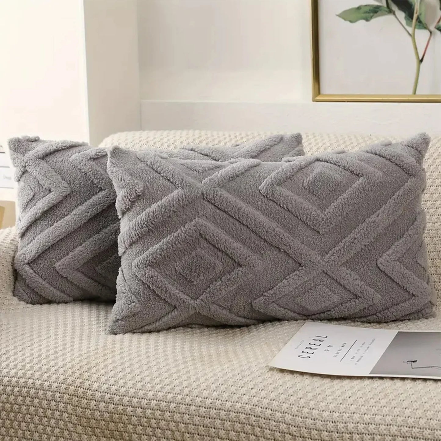Rhombus Faux Wool Throw Pillow Covers Decro Soft Plush Fuzzy Short Fleece Square Patterned Cushion Cases Solid Beige Pillowcase
