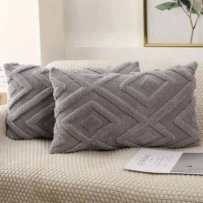 Rhombus Faux Wool Throw Pillow Covers Decro Soft Plush Fuzzy Short Fleece Square Patterned Cushion Cases Solid Beige Pillowcase