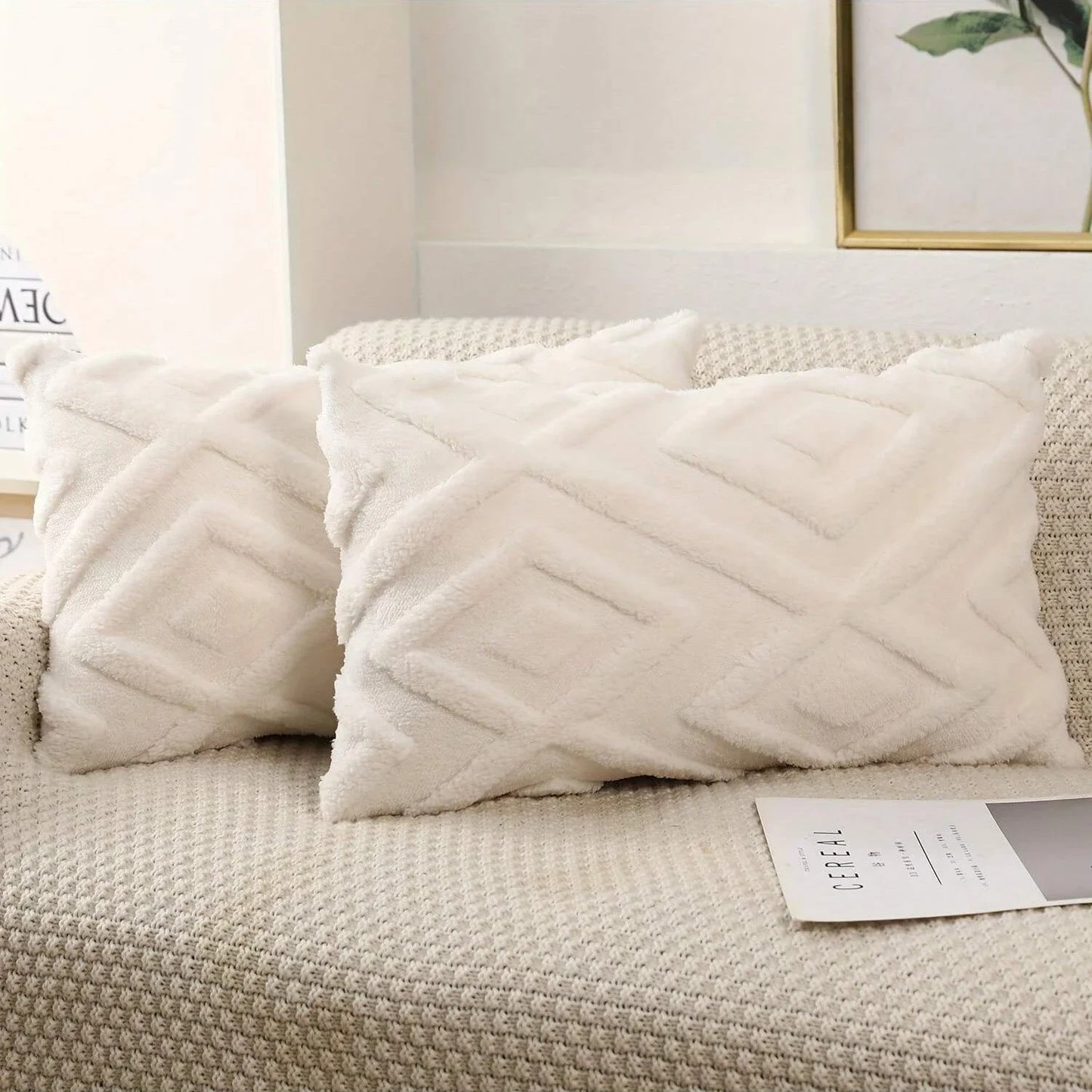 Rhombus Faux Wool Throw Pillow Covers Decro Soft Plush Fuzzy Short Fleece Square Patterned Cushion Cases Solid Beige Pillowcase