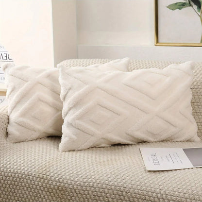 Rhombus Faux Wool Throw Pillow Covers Decro Soft Plush Fuzzy Short Fleece Square Patterned Cushion Cases Solid Beige Pillowcase