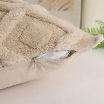 Rhombus Faux Wool Throw Pillow Covers Decro Soft Plush Fuzzy Short Fleece Square Patterned Cushion Cases Solid Beige Pillowcase