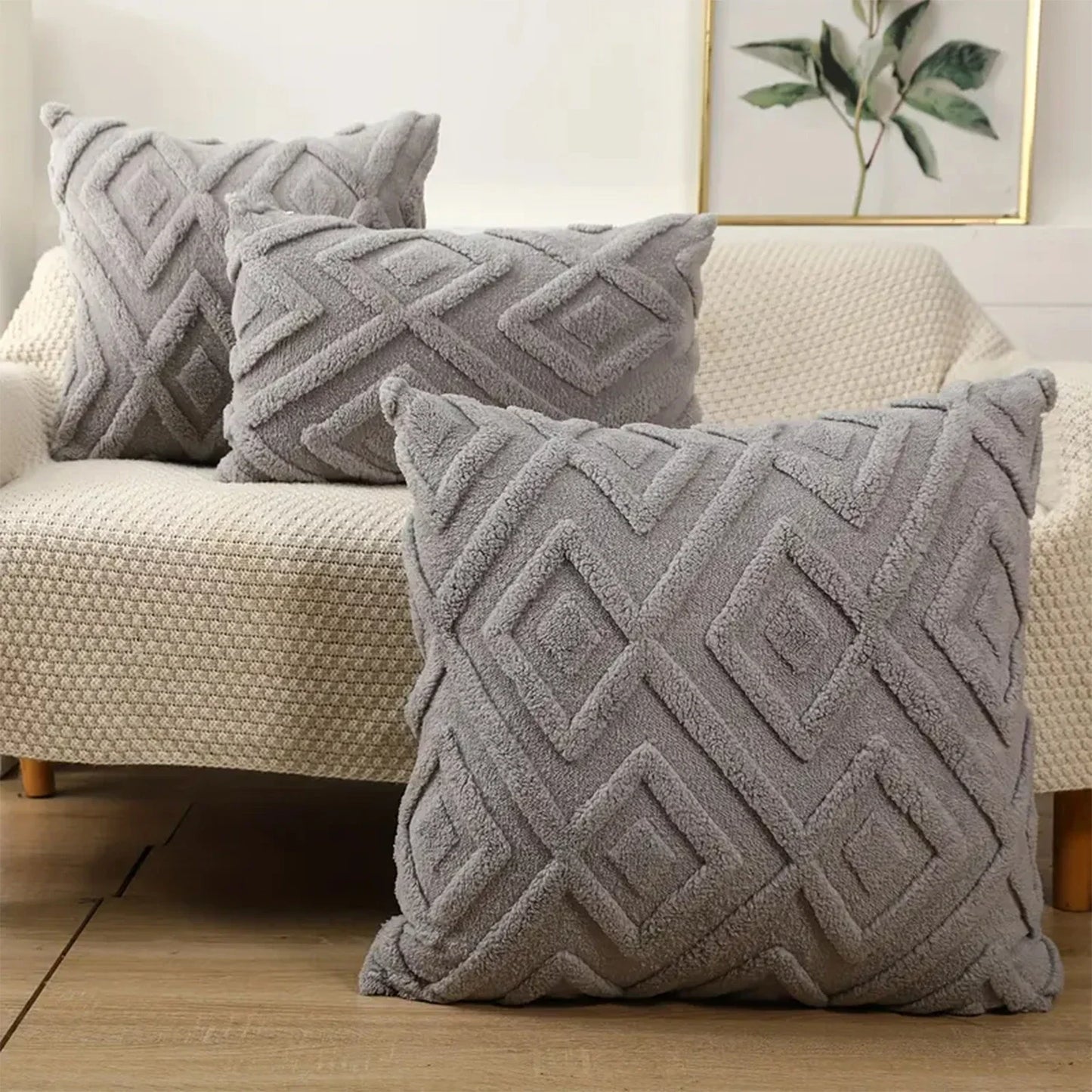 Rhombus Faux Wool Throw Pillow Covers Decro Soft Plush Fuzzy Short Fleece Square Patterned Cushion Cases Solid Beige Pillowcase